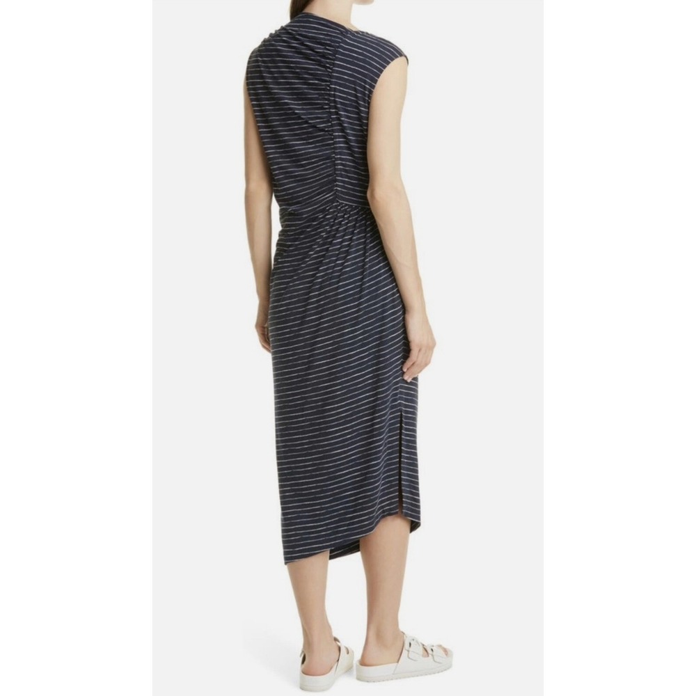 Hugo Boss Midi Dress Esay Ruched Asymmetric Bateau Neckline Blue Striped Size S - Picture 4 of 11